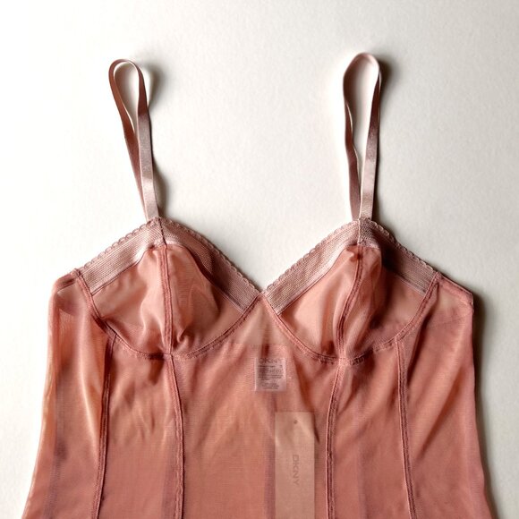DKNY Pink Mesh Slip Shapewear size Small, Adjustable Straps, Knee Length - Picture 2 of 6